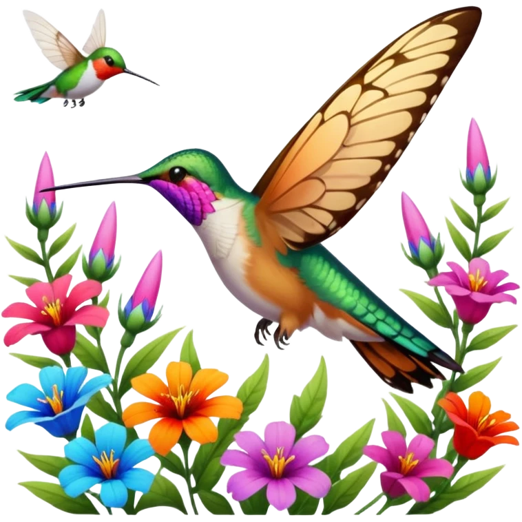 La la mañana se alegra entre flores y praderas ve avanzar mariposa bella y majestuosa entre colibrís emoji