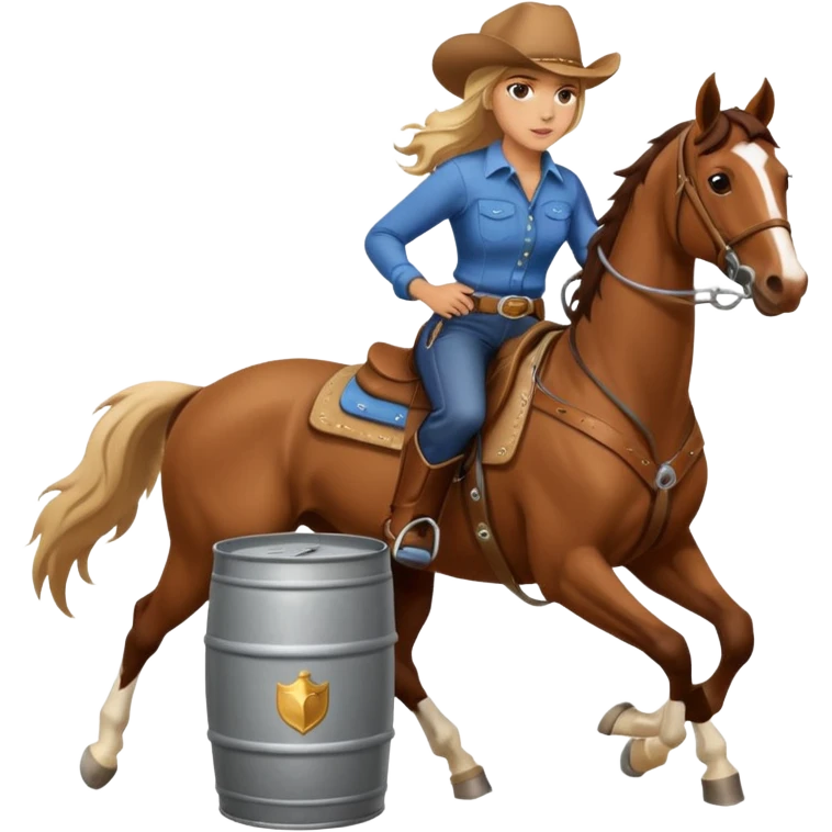 Barrel racing horse and cowgirl turning a barrel but the barrel is a 55 gallon metal barrel emoji