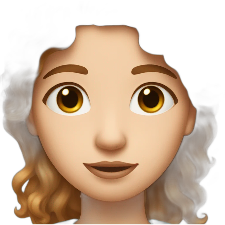 A white woman with brown wavy hair, a strand of hair covering the left eye, and making a heart symbol with her hands emoji