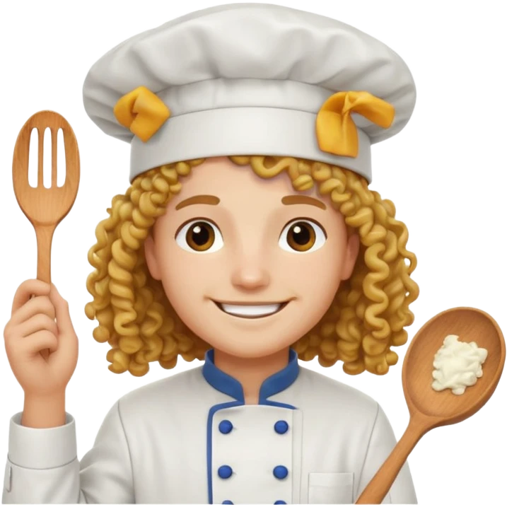 Long curly hair, happy, wearing chef uniform and chef hat emoji