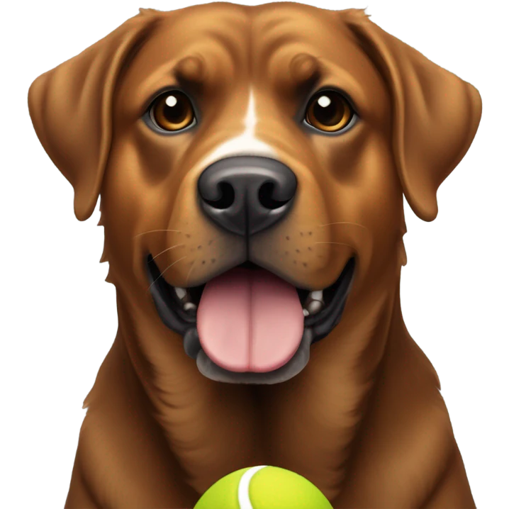 Mainly Brown, with a little white on the chest, Rottweiler Retriever mix holding a tennis ball emoji