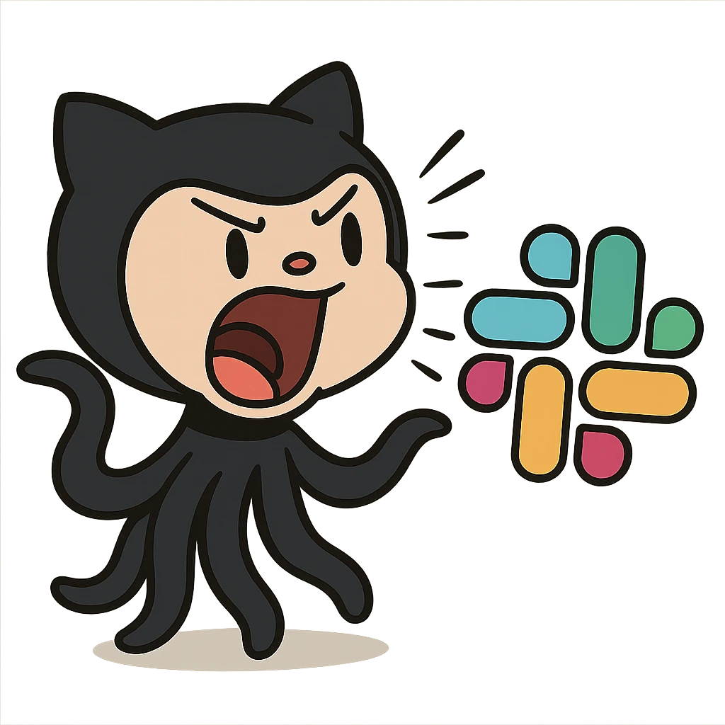 Octocat from Github with an open mouth, shouting at a colorful Slack logo, dynamic and lively, playful and expressive, fun tech sticker, cartoon style, energetic, humorous, exaggerated expression, tech mascot crossover emoji