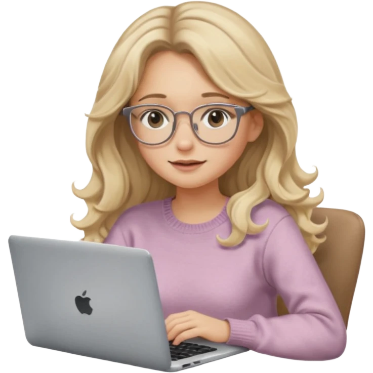 blonde girl with long dark blonde wavy hair, pantos-style glasses, a brown sweater, sitting with a laptop, looking in laptop, soft pastel, upper body shot emoji