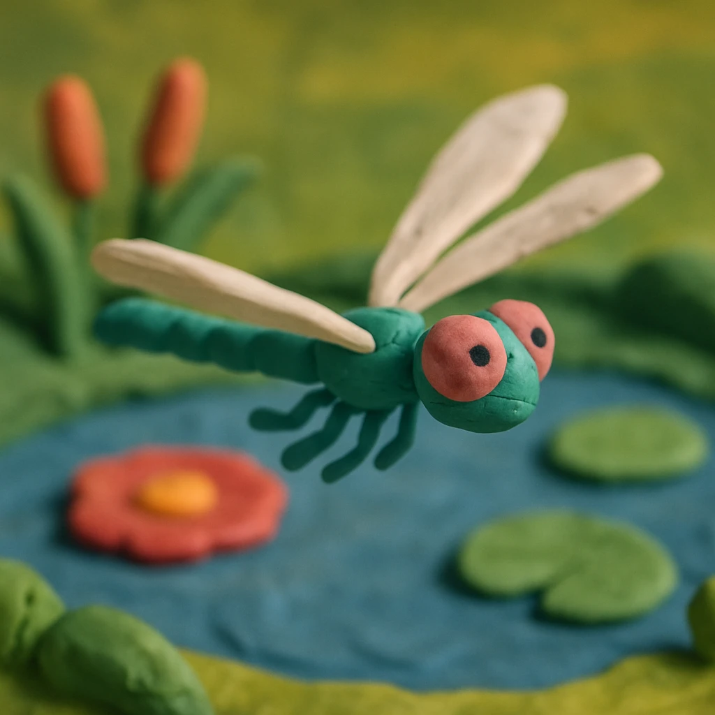 claymation style dragonfly flying with a blurred motion effect, colorful pond background emoji