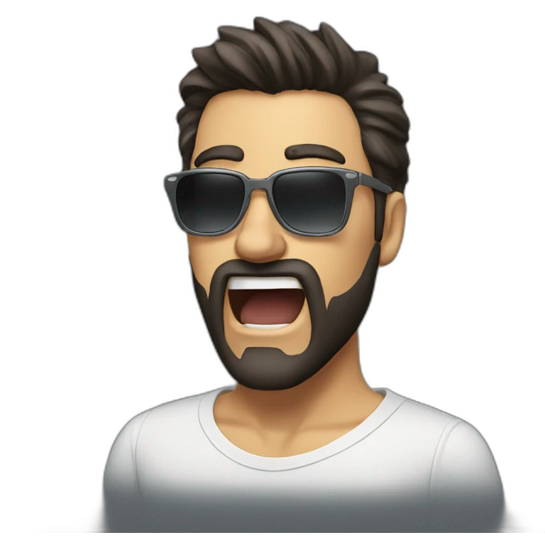 man with dark hair and white highlights, a beard and sunglasses, yelling emoji