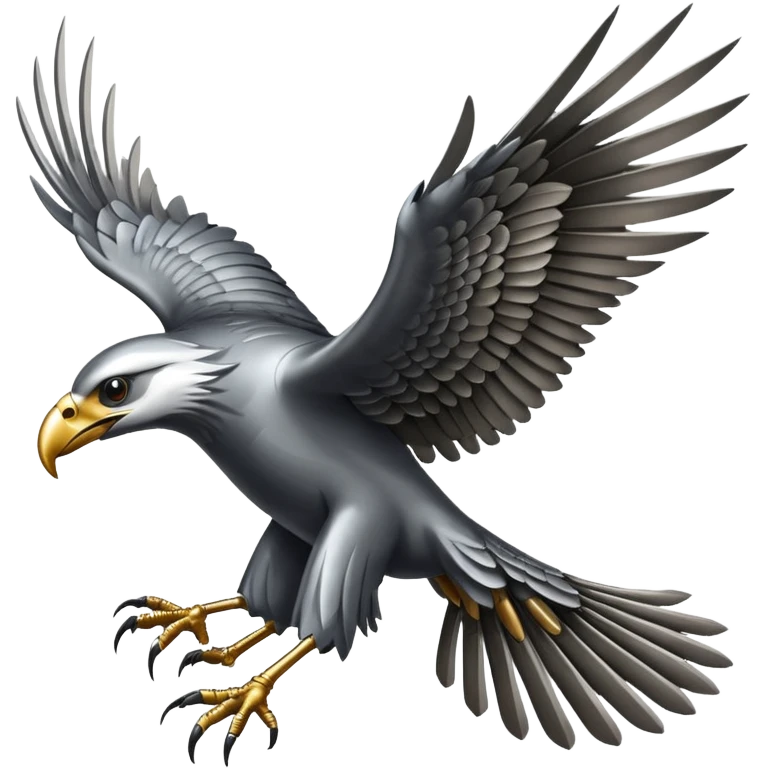 Emoji-style icon of a large metallic predatory bird flying, sharp wings, steel texture, dramatic pose, no gold no yellow emoji