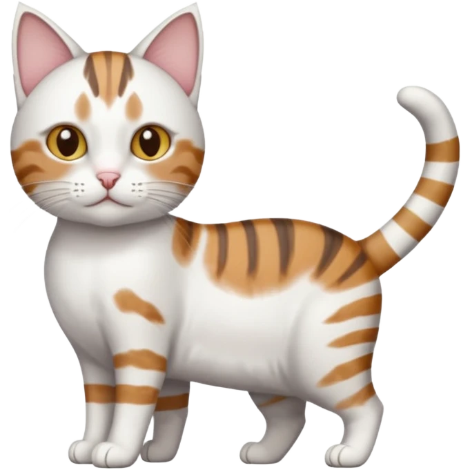 a white cat with brown tabby patches on the top of his head (ears) a patch on its side/arm and a striped tail the rest of the body is bright white emoji