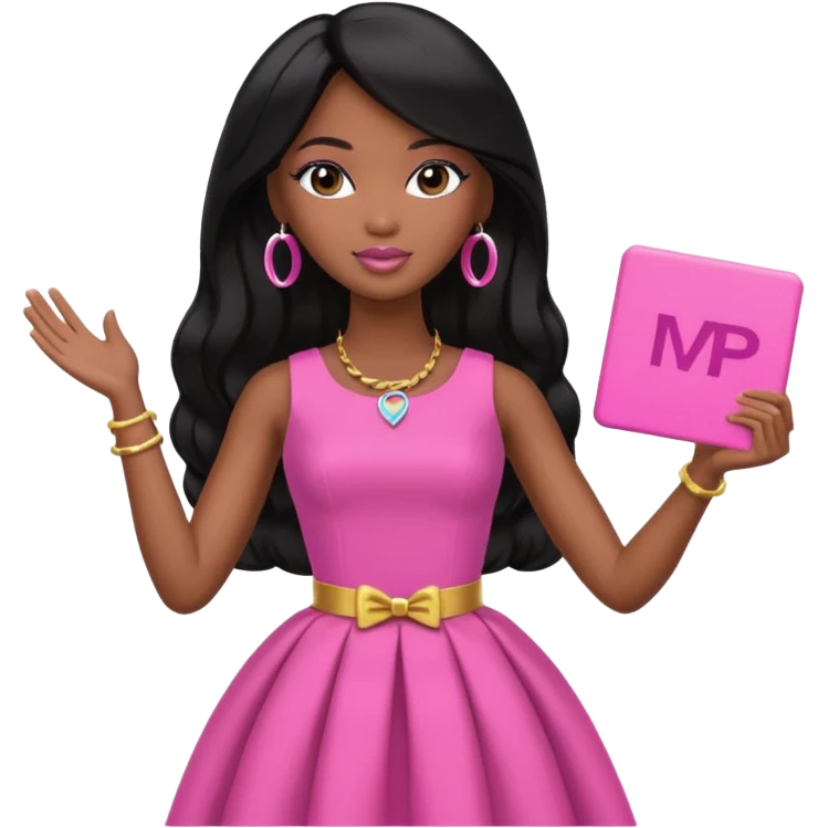 Black barbie, long black  hair, pink dress holding mvp sign  emoji