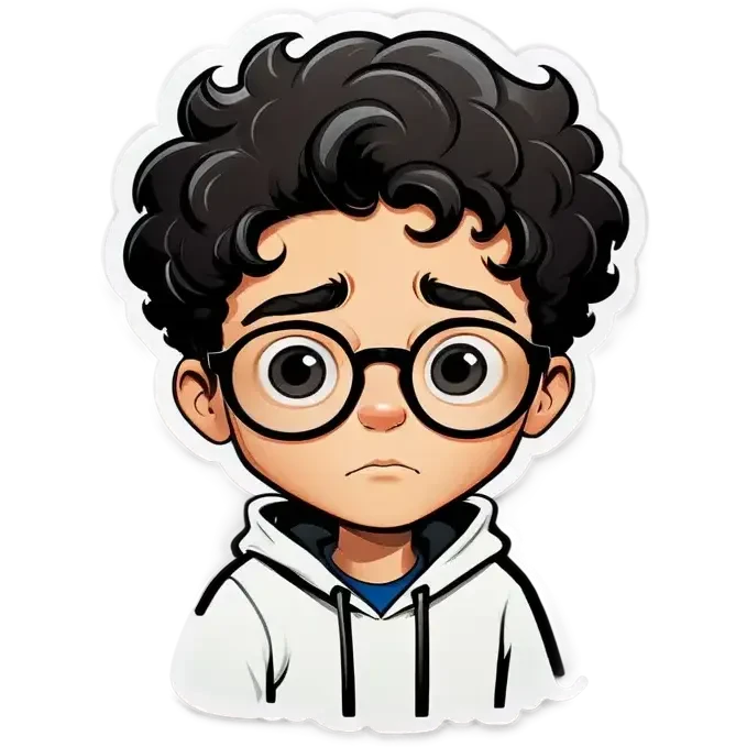 A cartoon drawing of a boy with short black curly hair with glasses and a thoughtful expression he boys face is white and he has black eyes and a black mustache. He is wearing a white hoodie. The background is a light peach color. emoji