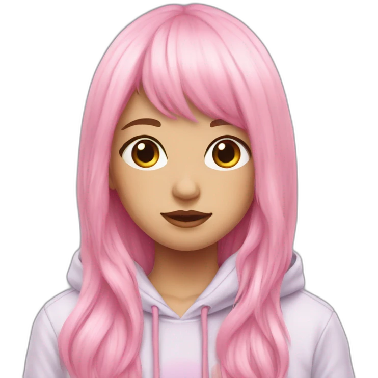 pink pastel long hair, with bangs, hoodie, unicorn emoji