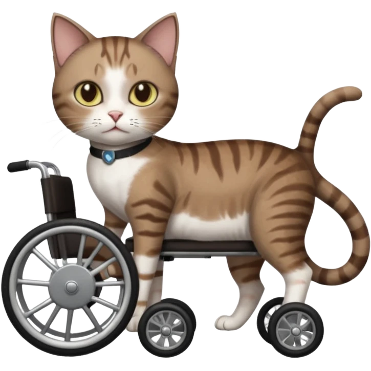 full body small short hair dark brown and white cat with hazel eyes walking in a wheelchair for cats emoji