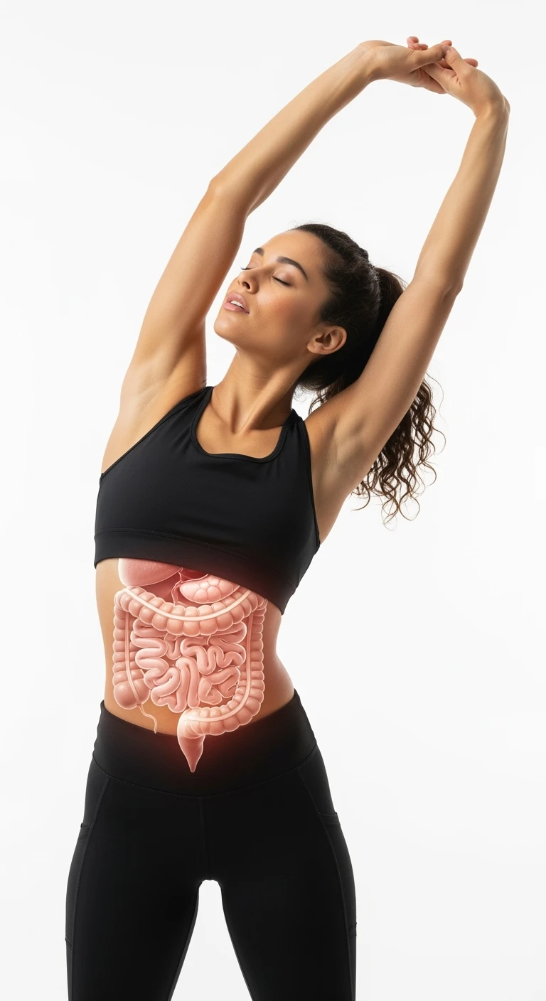 donna che fa stretching con intestino umano anatomico in evidenza, realistica 4k sfondo bianco emoji