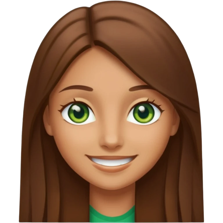 Tan girl emoji with straight long brown hair and green eyes emoji