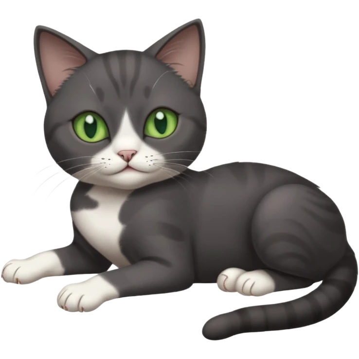dark grey cat with green eyes, white toes/paws and white patch on her chest playfully rolling upside down emoji