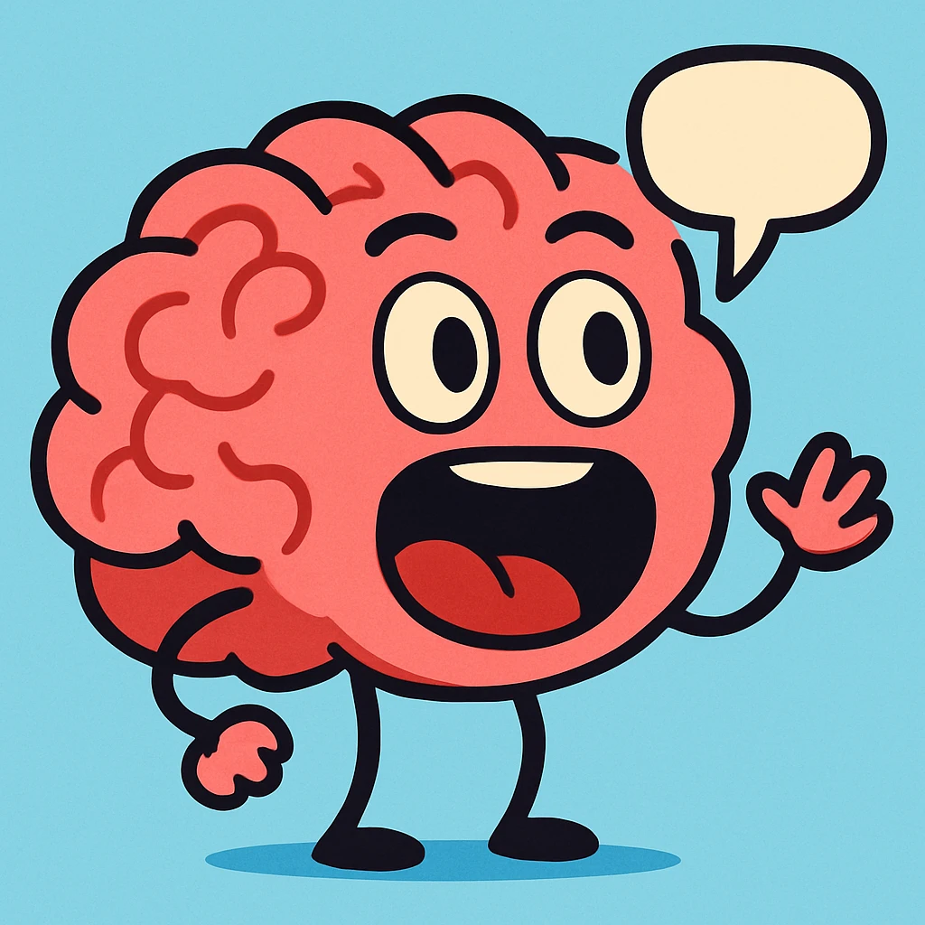 a talking brain, cartoon style, light blue background, big open mouth emoji
