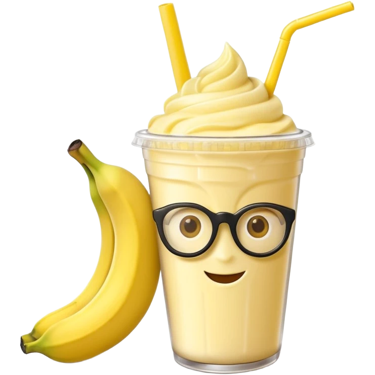 banana milkshake in a take-out cup with glassess and long lashes and banana on top emoji