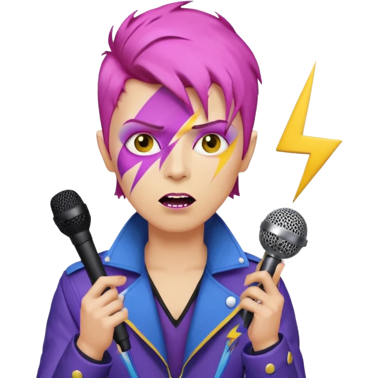 male rockstar emoji character inspired by David Bowie, short pink hair, lightning bolt face paint, yellow emoji skin, dark lipstick, purple and blue jacket, holding a microphone, white background emoji