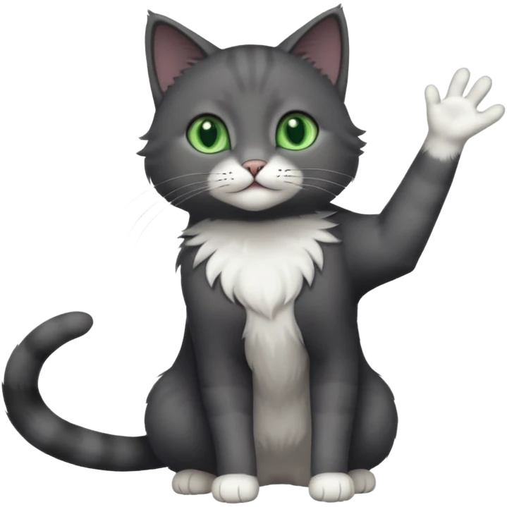 full body gorgeous solid dark grey cat with green eyes, white paws and white whiskers reaching for something emoji