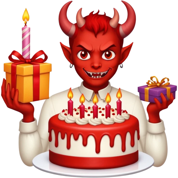 A devil with a birthday cake and gift emoji