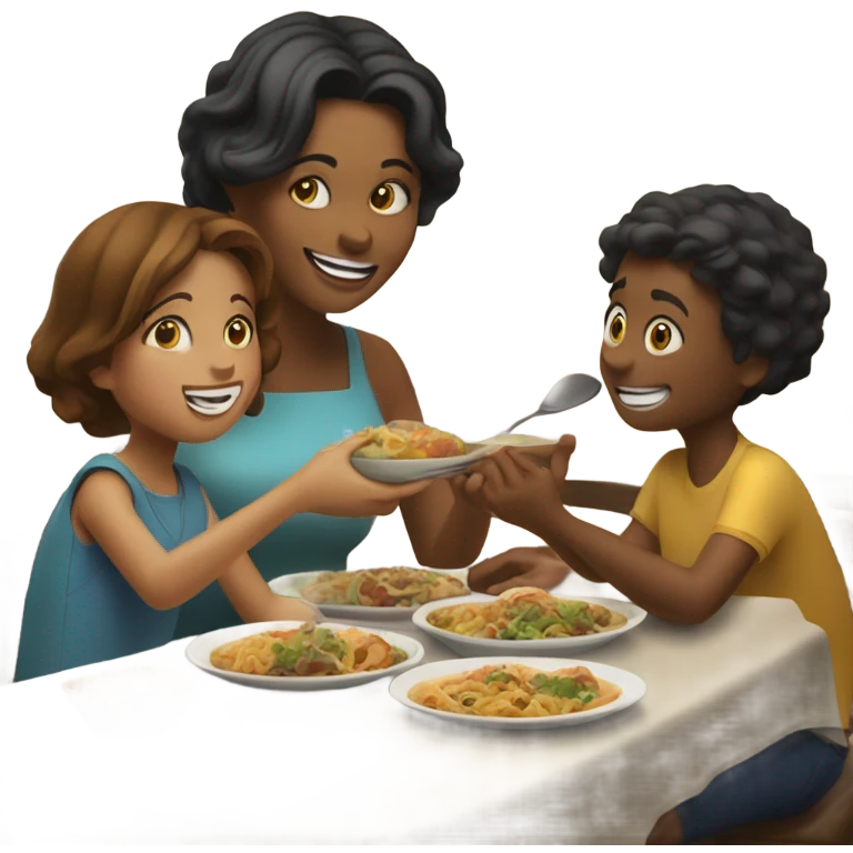 Mom daughter and son eating at restaurant  emoji