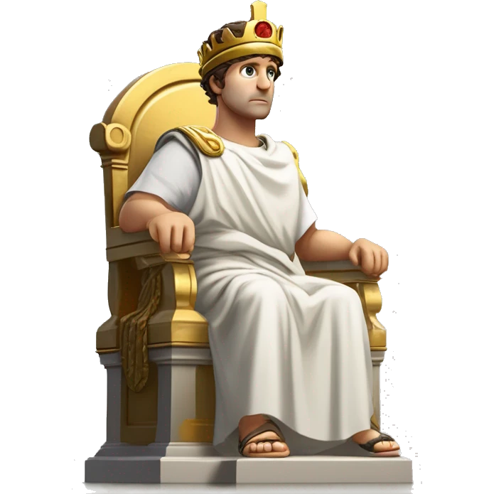 Um imperador romano usando uma coroa de louros dourada, com toga púrpura e branca, sentado em um trono de mármore. Seu rosto está inclinado para baixo, uma lágrima escorre pelo rosto, e sua mão está apoiada no rosto em sinal de desânimo emoji
