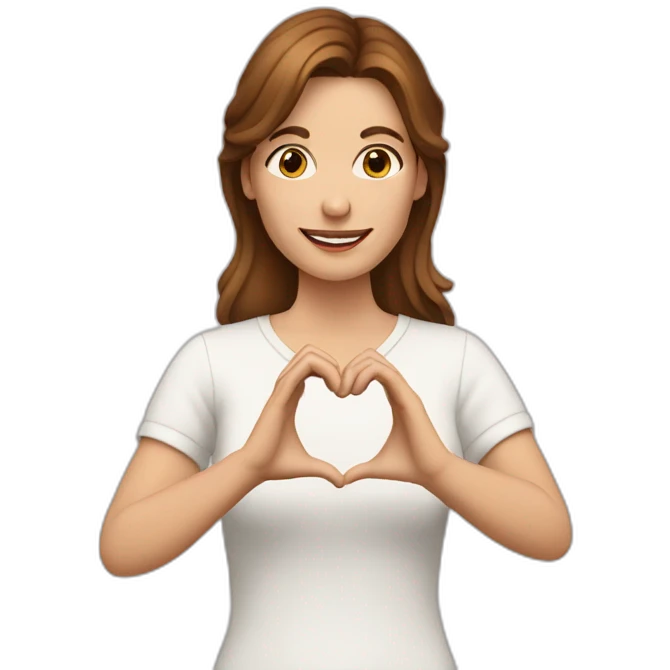 A white woman with brown hair, and making a heart symbol with her hands emoji