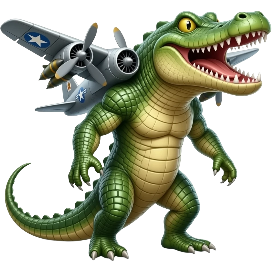 Surreal hybrid creature: a crocodile fused with a military bomber plane — green scaly body, metal wings, jet engines, and missiles. Aggressive grin, cartoon-realistic style, cinematic lighting no body emoji