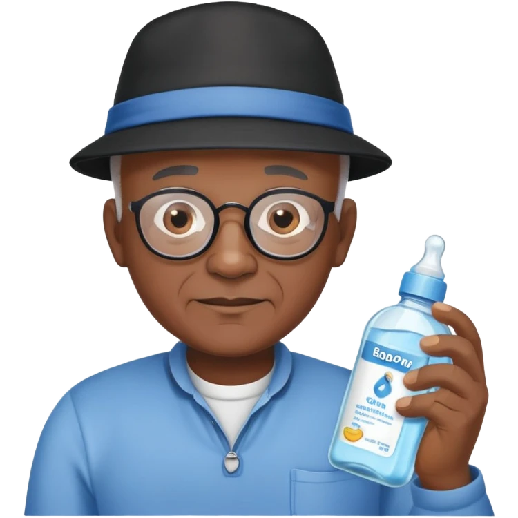Bald black grandpa with blue shirt and black hat holding baby oil  emoji