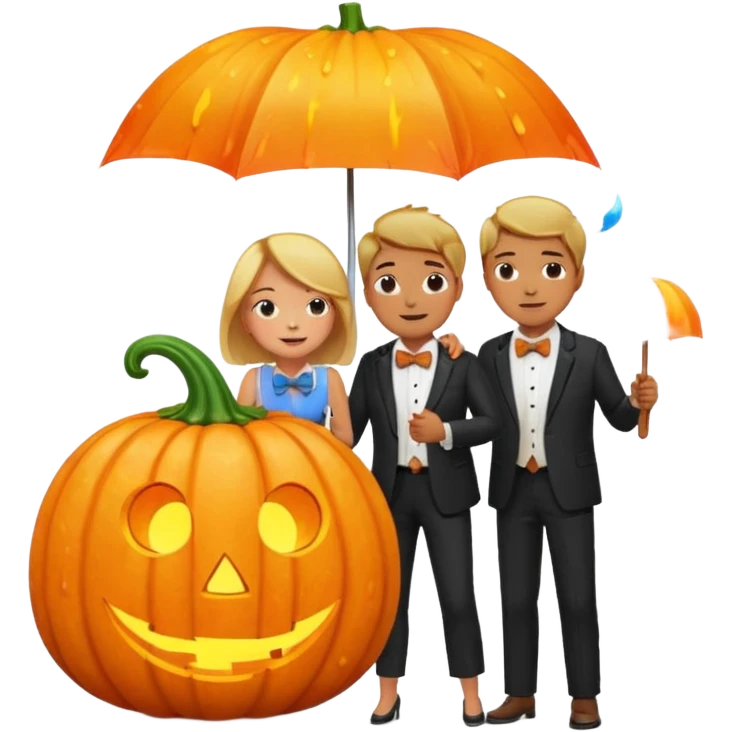 Make a guy hugging a giant pumpkin with a fork in his right hand while there's fire while there's a lady watching while it's raining while there's an umbrella on the ground that's alive and the sun has a bow tie on his neck emoji