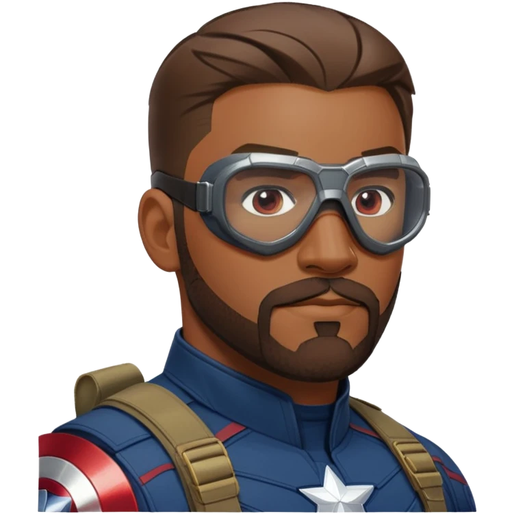 sam wilson with very short, close to the scalp and  a well-groomed beard that connects to his mustache,  wear sleek, red-tinted tactical goggles fit snugly from captain america: civil war emoji