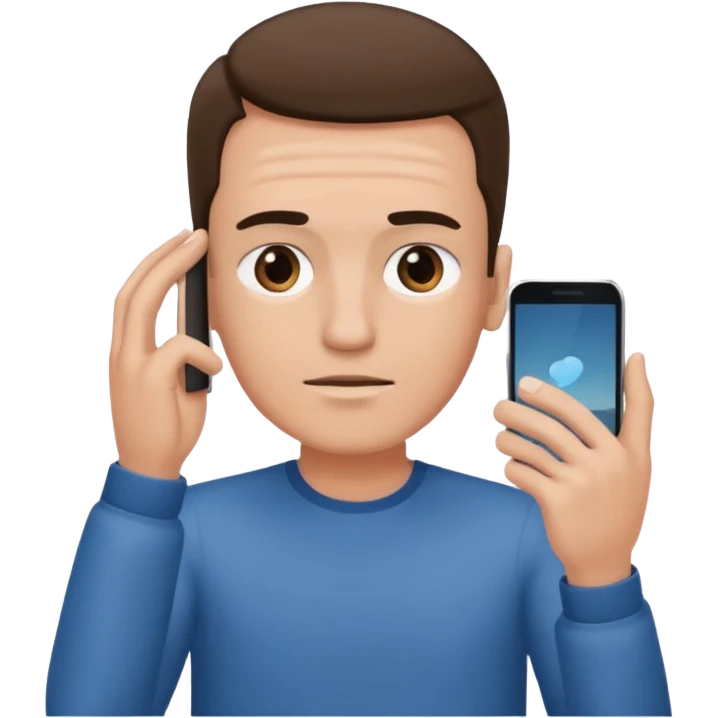 a guy holding an smartphone with both hands in landscape mode in front of his forehead emoji