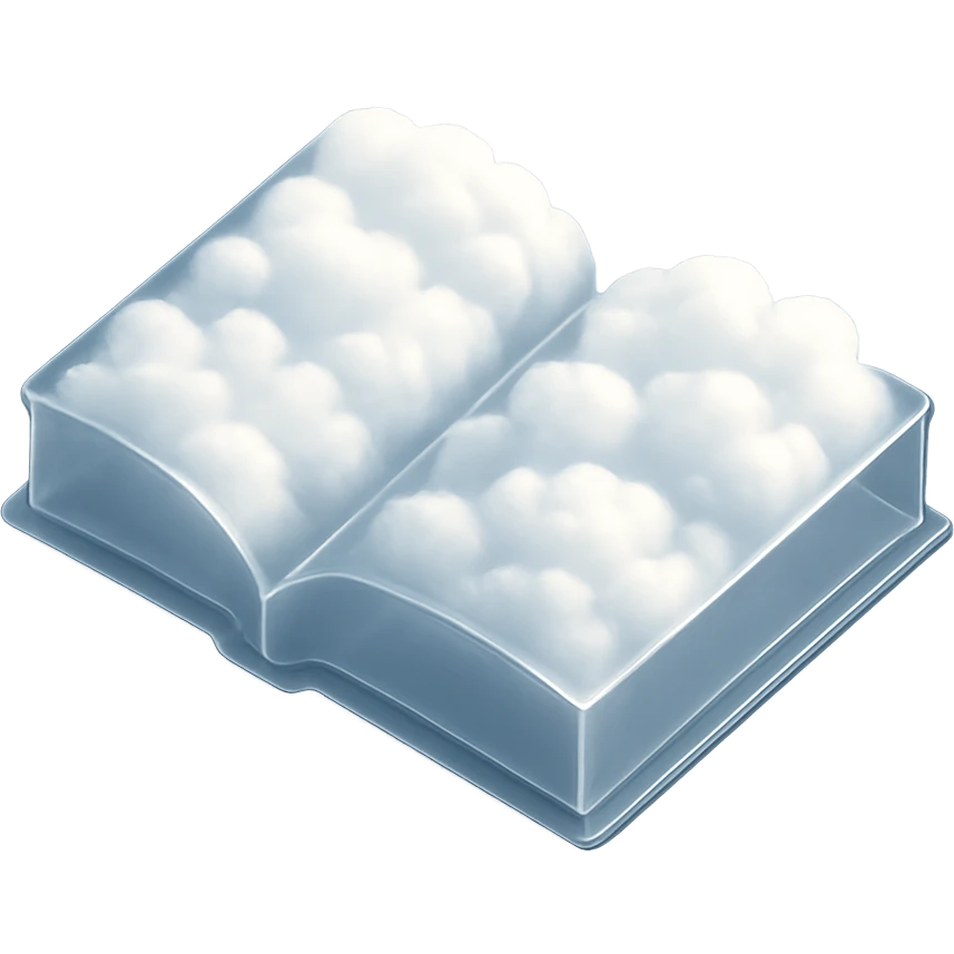 open book from above, pages and cover made of bright white fluffy clouds, matte glass style emoji