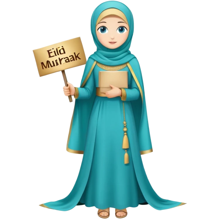 Turkish beautiful finish Konya girl blue eyes with gold hijab and islamic long tailed turquoise dress on the ground and had on her hand text Eid Mubarak  emoji