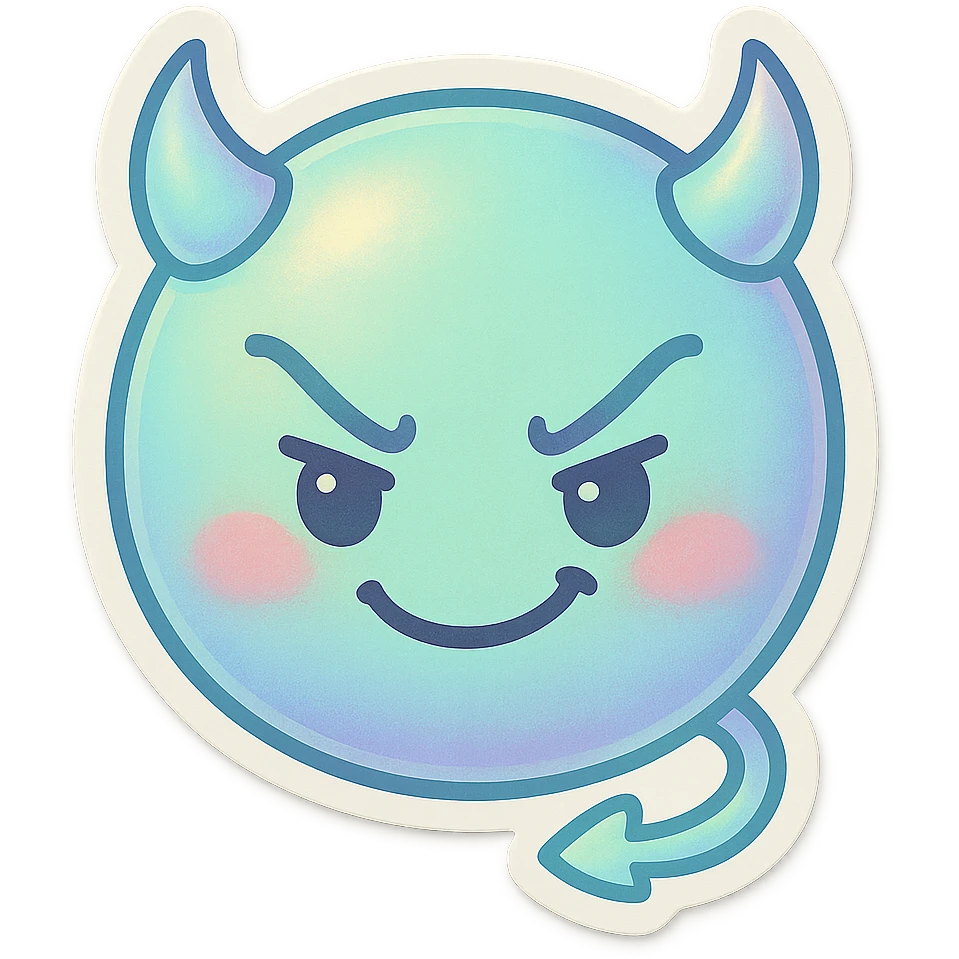 devil emoji, chibi style, holographic effect, iridescent mint green and baby blue, tiny horns, cute but mischievous expression emoji