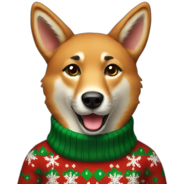 A dingo dressed wearing a Christmas sweater emoji
