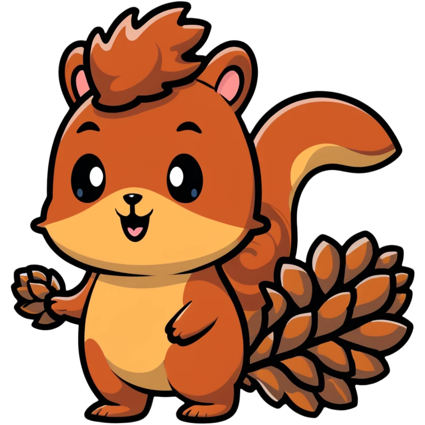 A greedy little squirrel with a big pine cone on top of its head, showing a strange facial expression, wide eyes emoji