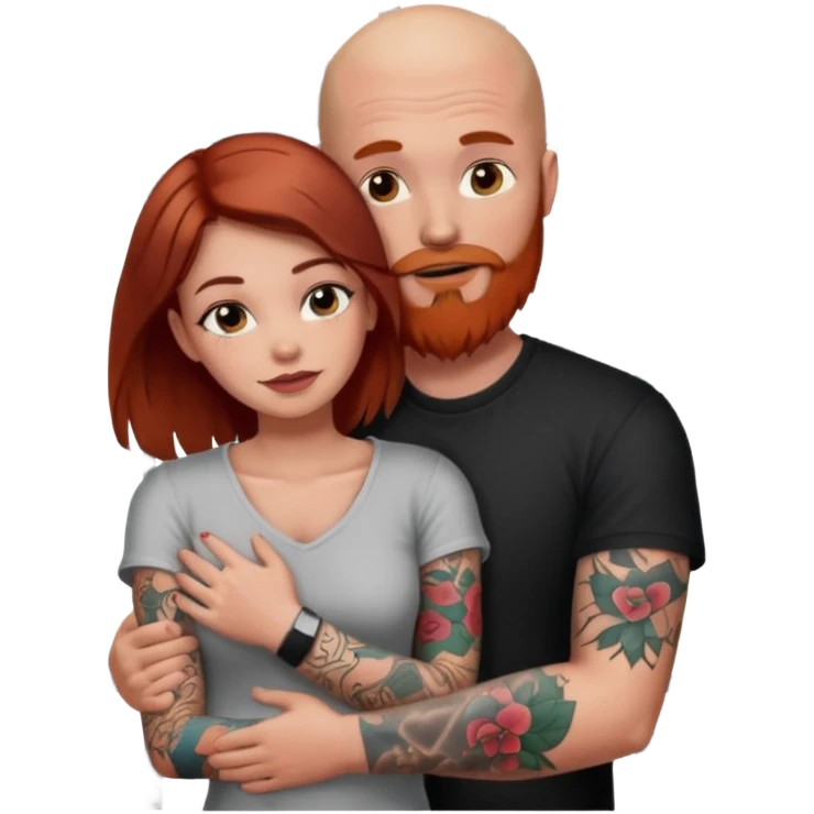 Make a brown haired, pretty girl, hugging a guy that is bald with a red beard and a sleeve of tattoos in jail emoji