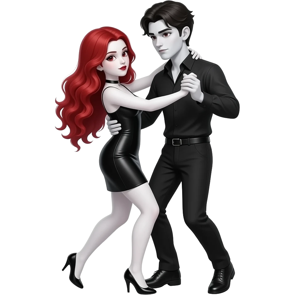 Vampiro femmina ADOLESCENTE con pelle bianca e capelli rosso ondulati lunghi che indossa un vestito nero stretto in e LARGO sotto  che balla con le MANI INTORNO AL COLLO del suo ragazzo VAMPIRO ADOLESCENTE con la pelle bianca e le scarpe nere emoji