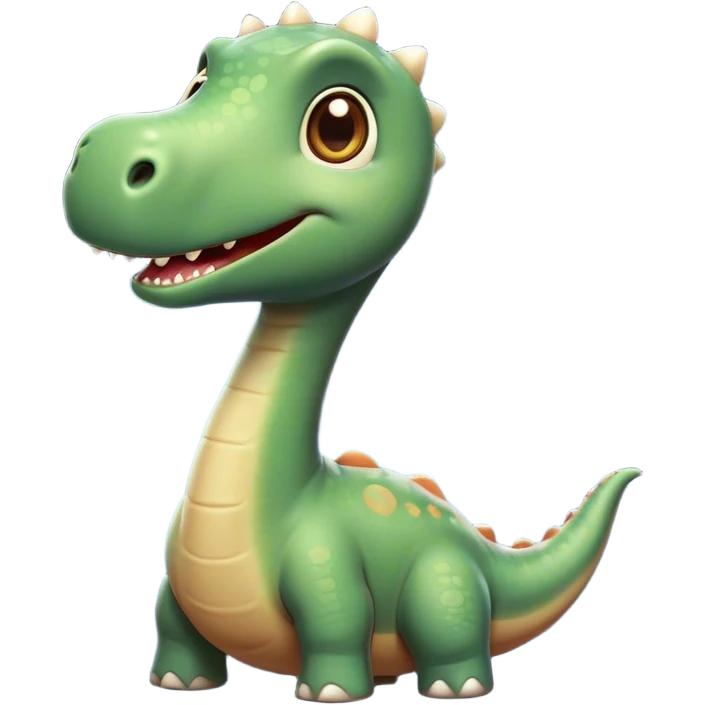 Cinematic Cute Brontosaurus Portrait Emoji, Head tilted playfully with a gentle smile, featuring a charming, massive form with an elongated neck and a small, endearing head adorned with bright, curious eyes, Simplified yet irresistibly adorable features, highly detailed, glowing with a warm, inviting prehistoric glow, high shine, affectionate and lively, stylized with a touch of whimsical ancient charm, soft glowing outline, capturing the essence of a playful Brontosaurus that seems as if it could amble out of the screen into your arms! emoji