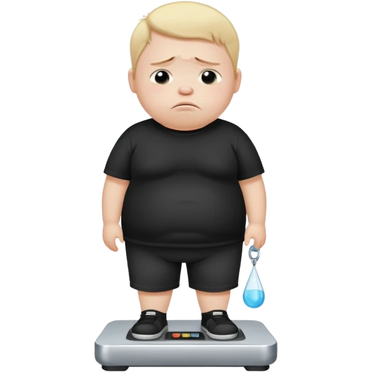 sad fat young boy in black t shirt on weight scale crying with tears on his cheeks emoji