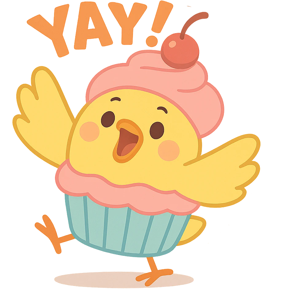 chick in cupcake costume shouting “Yay!”, pastel-toon style emoji