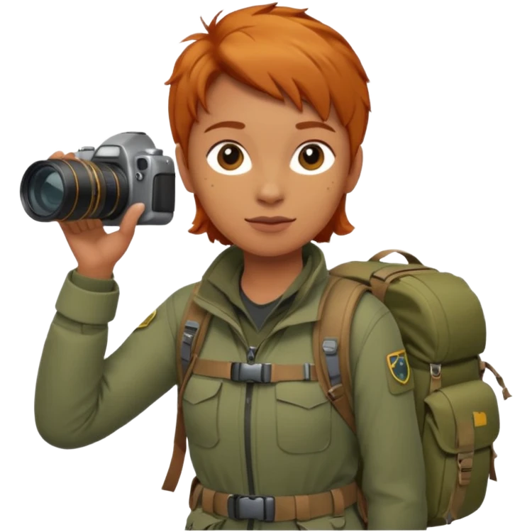 
wildlife photographer, trekking clothes, ginger hair emoji