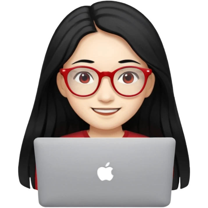 filipino long hair black fair skin with red eyeglasses freelancer with MacBook, smiling. emoji