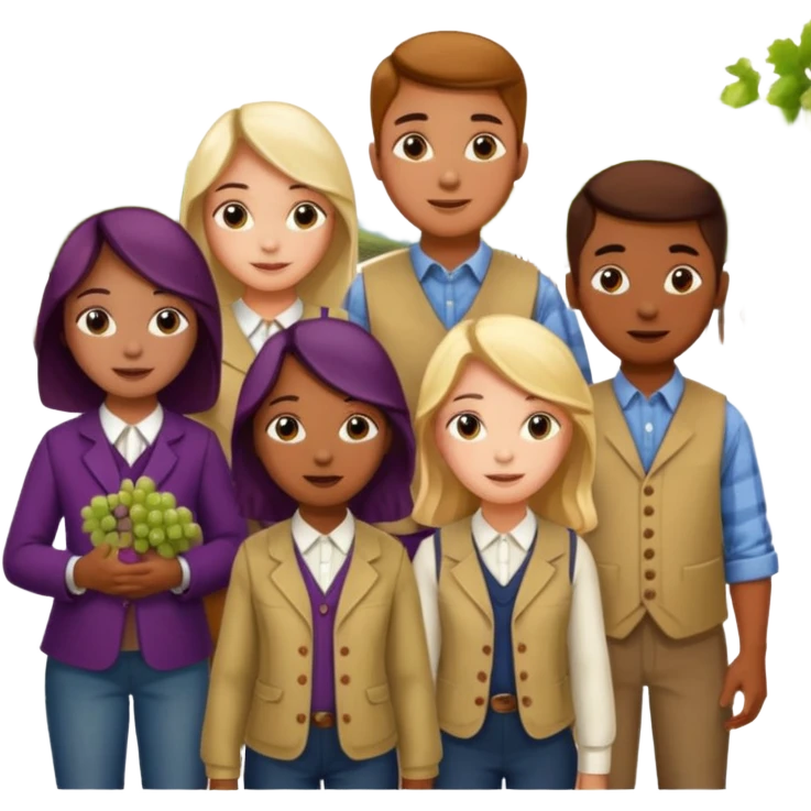 Make a photo of 5 project managers, specificly 3 girls and 2 boys, that are making project for improvment of the vineyard emoji