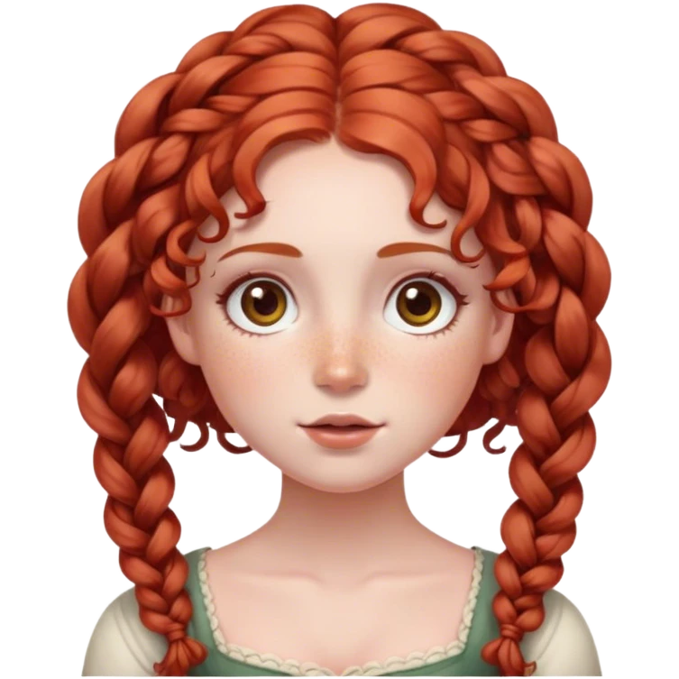 lady with Soft, round face, rosy cheeks, wide expressive eyes, Curly red hair, often styled in intricate braids or ringlets, Fair skin, freckles, emoji