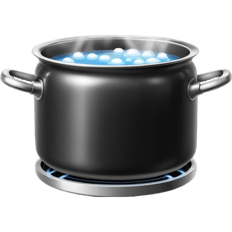 black small metal pot filled with boiling water on a stove, visible hot steam and rising bubbles, realistic heat effect, shiny pot surface, bright lighting, clean white background emoji