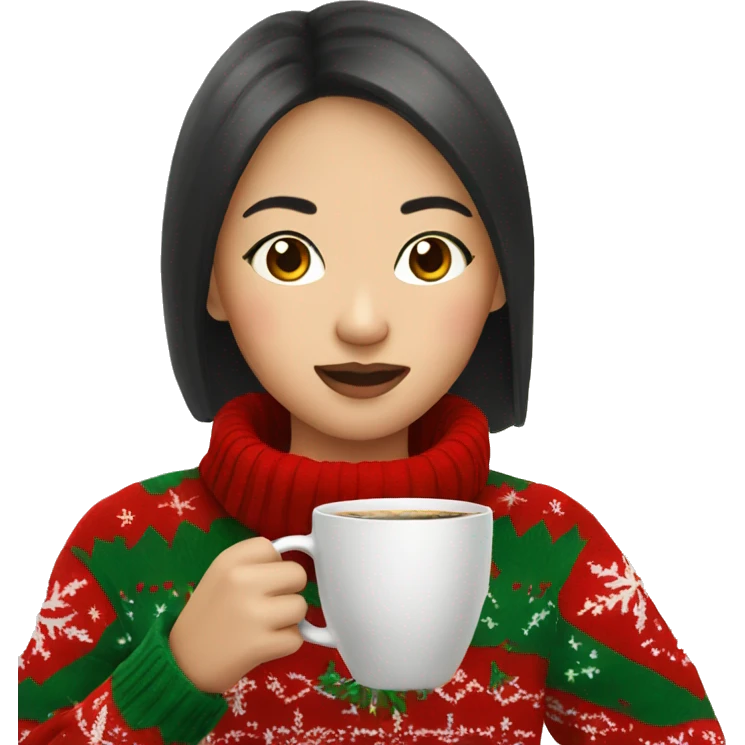 asian girl drinking coffee wearing Christmas sweater emoji