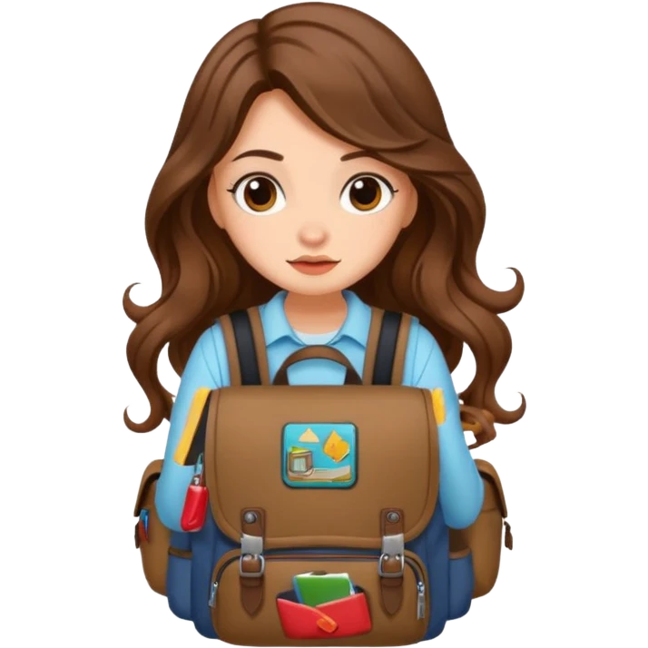 cute woman long wavy brown hair tattoos hiding in backpack emoji