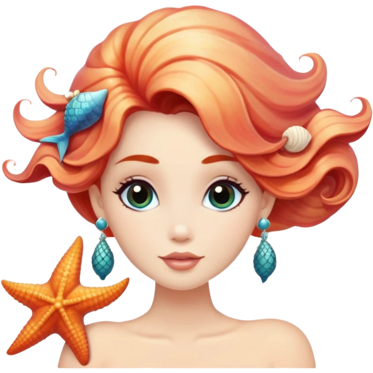 mermaid with seashells in hair, starfish earrings emoji