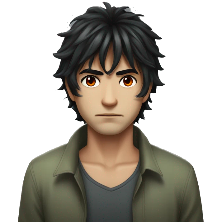 A man with messy black hair, long bangs covering his red right eye, and a gray-green left eye. His neutral expression, with a slight frown, gives off a serious, mysterious vibe. Full-body anime style, 8k realism emoji